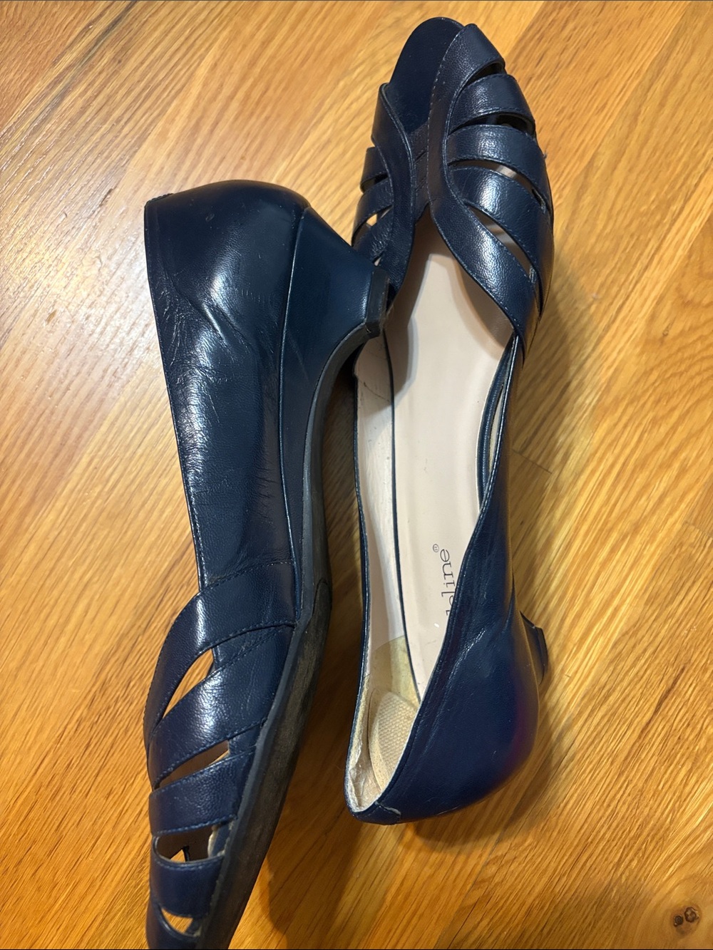 Madeline Navy Peep-Toe Strappy Flats - Picture 2 of 4